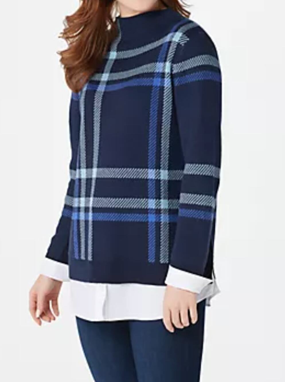 Isaac Mizrahi Live! Plaid Jacquard Sweater w/ "White Shirt" Layered Womens 2XS